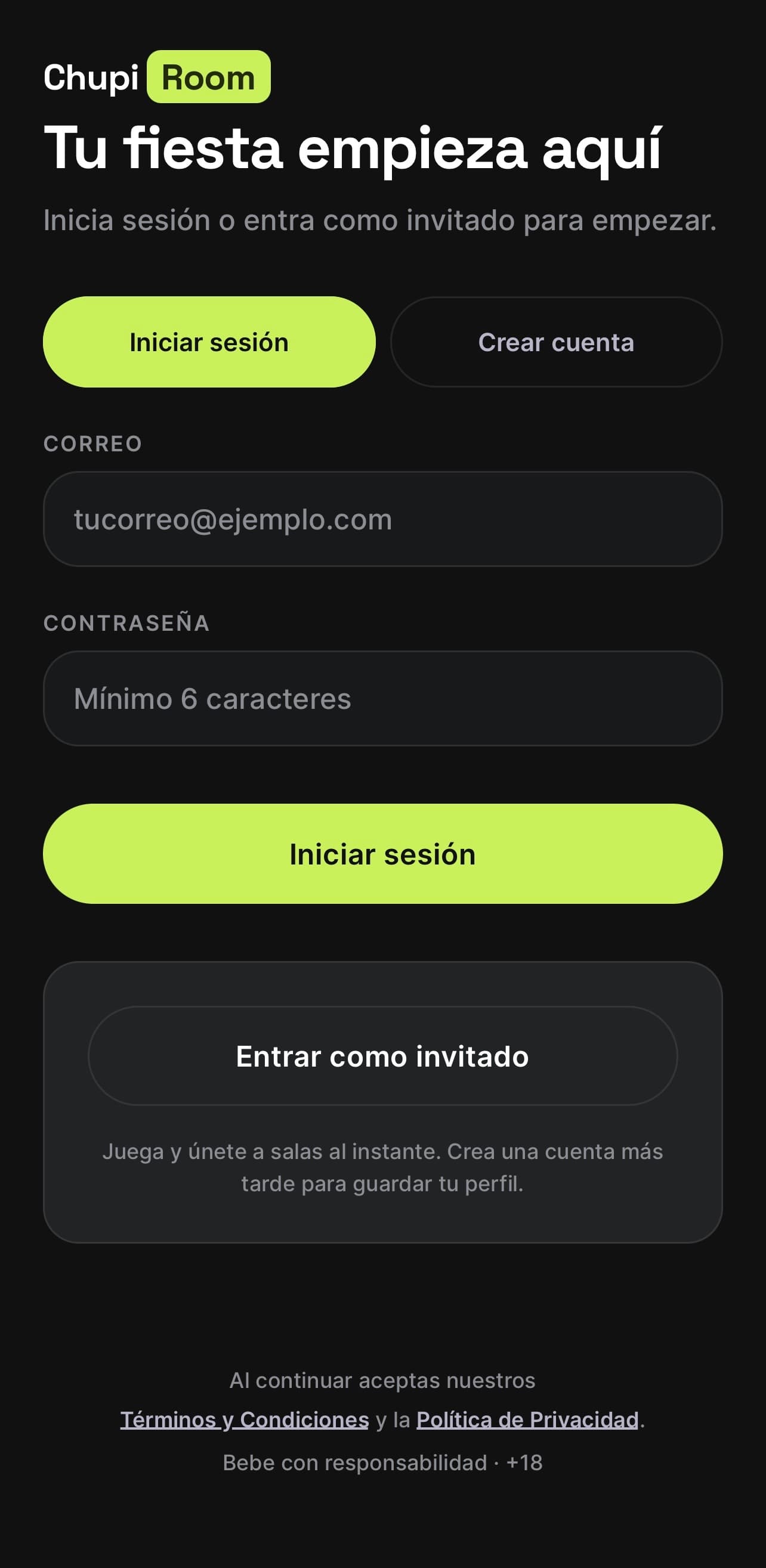 ChupiRoom — latest version, screen 1